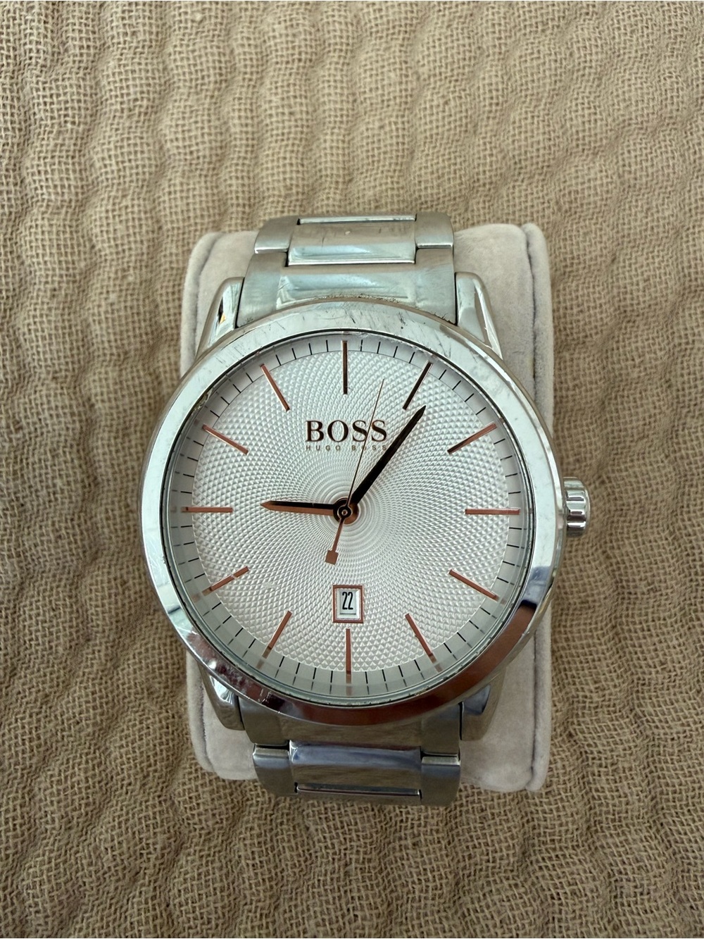 Boss Silver Stainless Steel Watch with White Dial and Rose-Gold Accents